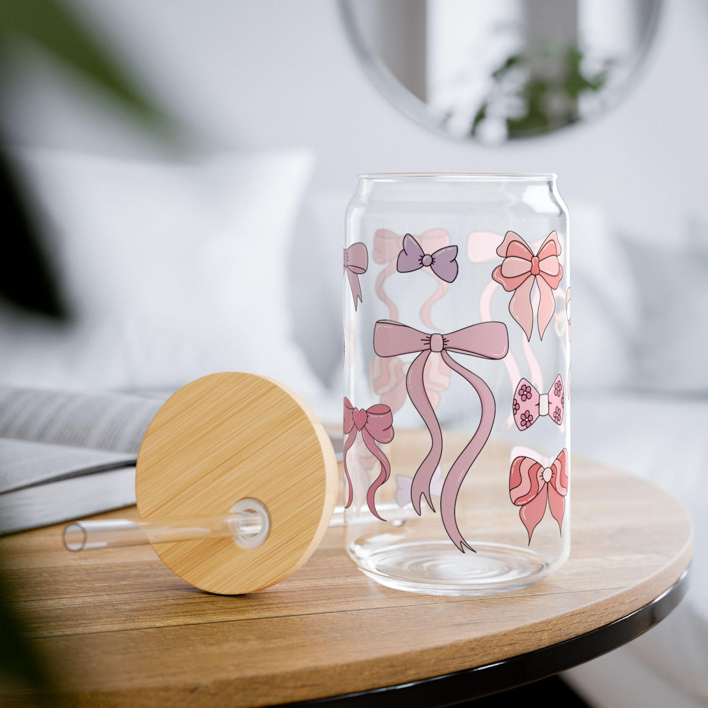 Girly coquette bow glass cup with bamboo lid glass straw, Cute Cup Beer Can Iced Coffee Glass Cup Cute preppy Glass Cup gift for her